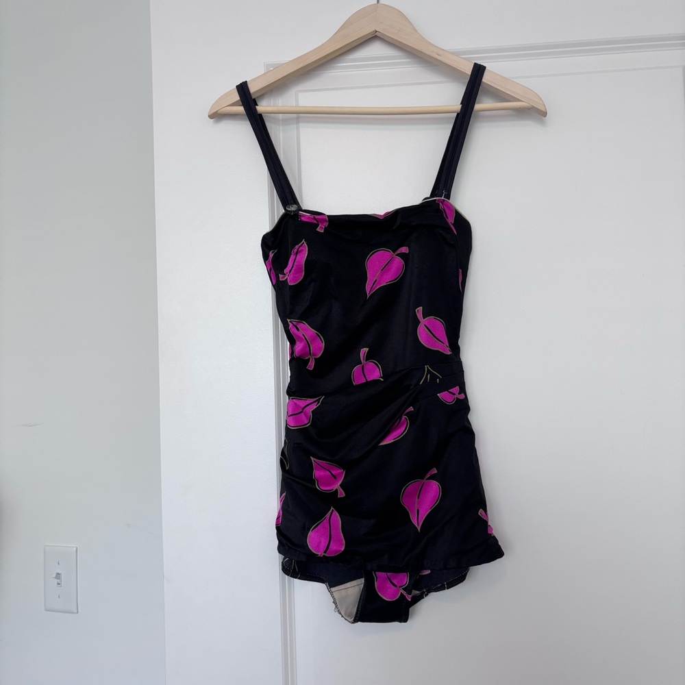 Vintage Roxanne Black and Pink Leaf Print Swimsuit